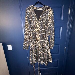 Marie Oliver Wrap-Style Long Sleeve Printed Dress in Black and Cream